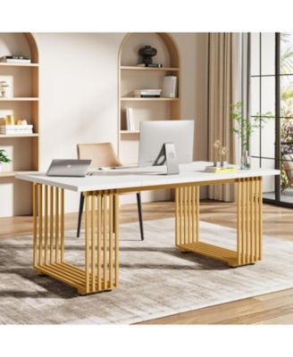 70.9" Modern Office Desk, Wooden Computer Desk, White Executive Desk with Gold Metal Legs, L Study Writing Desk