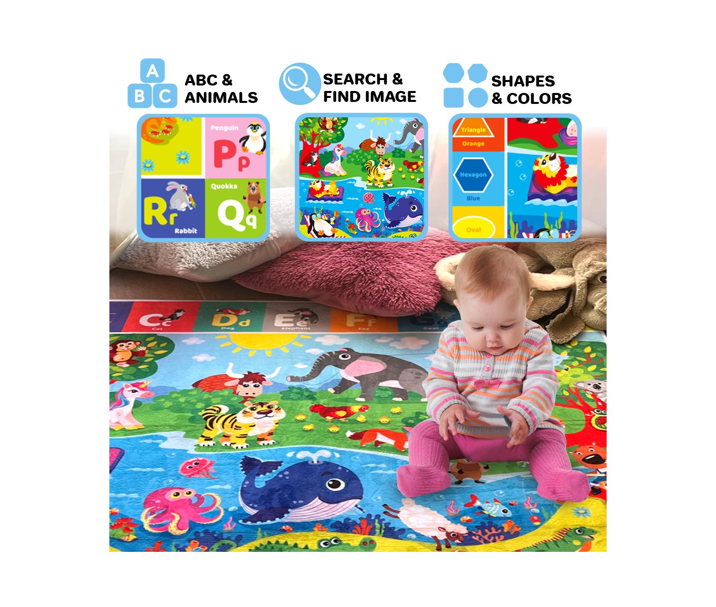 Quokka Baby Mats for Playtime & Activities for Babies 6-12 Months - Super Soft Baby Floor Play Mats for Toddlers 1-3, цвет: Animals — фото 2