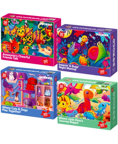 Детский пазл Quokka Dinosaur and Animals Jigsaw Puzzles, 4 x 30 Pieces, Ages 3+, цвет: Amazonia Insects Pets Dinos
