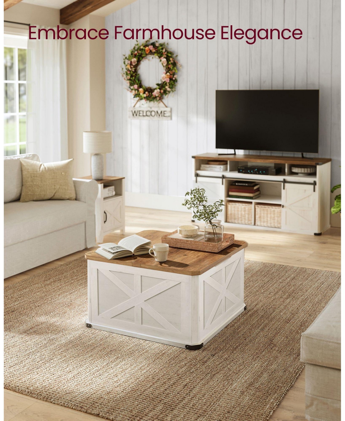 Slickblue Farmhouse Coffee Table with Storage, Rustic Design