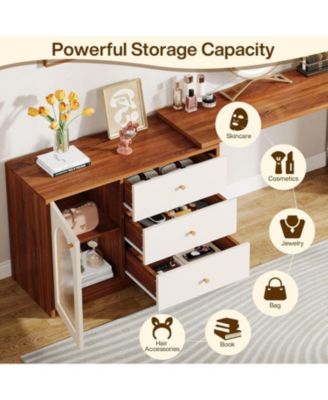 Modern Makeup Vanity, Retractable Large Vanity Desk with 3 Drawers and Cabinet, Makeup Corner Dressing Table (Without Mirror)