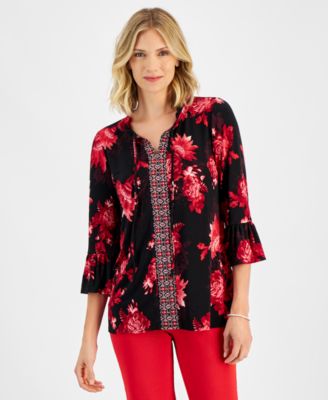 JM Collection - Women's Floral-Print Tie-Neck Tunic Top