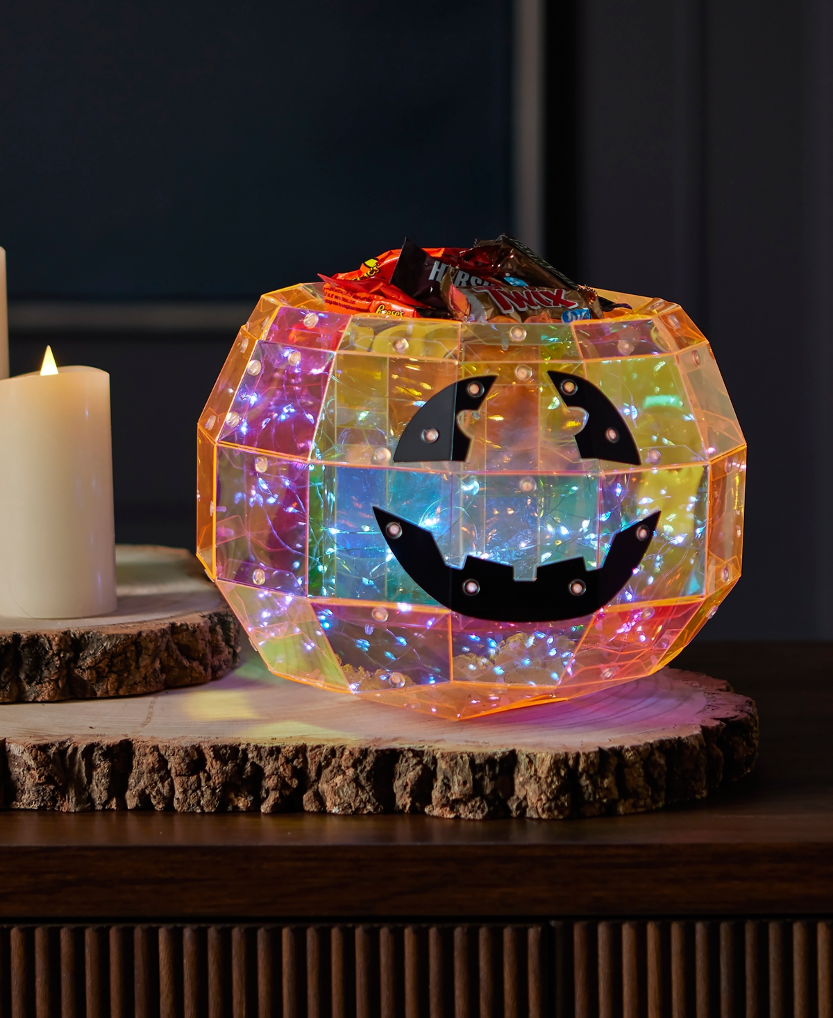 Seasonal Prismatic Iridescent Pumpkin Candy Box 8.86", Led Lights In Orange