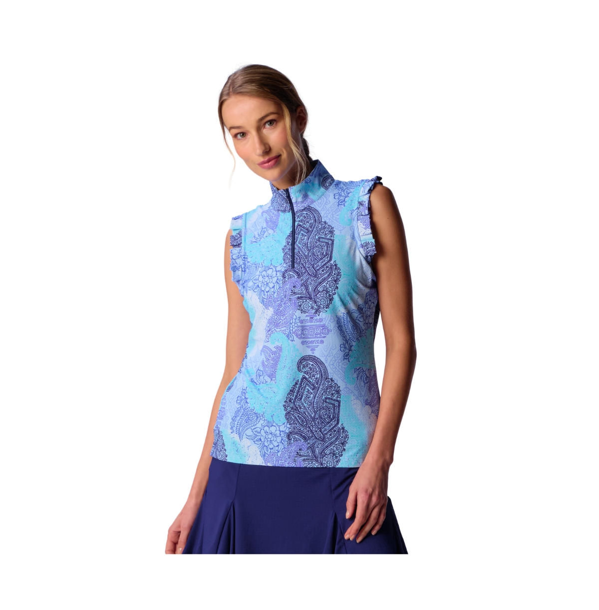 Women's G Lifestyle Sleeveless Ruffle Top - Blue paisley