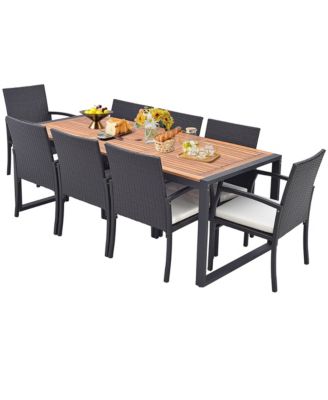 9 Pieces Patio Rattan Dining Set with Acacia Wood Table, 1.9" Umbrella Hole