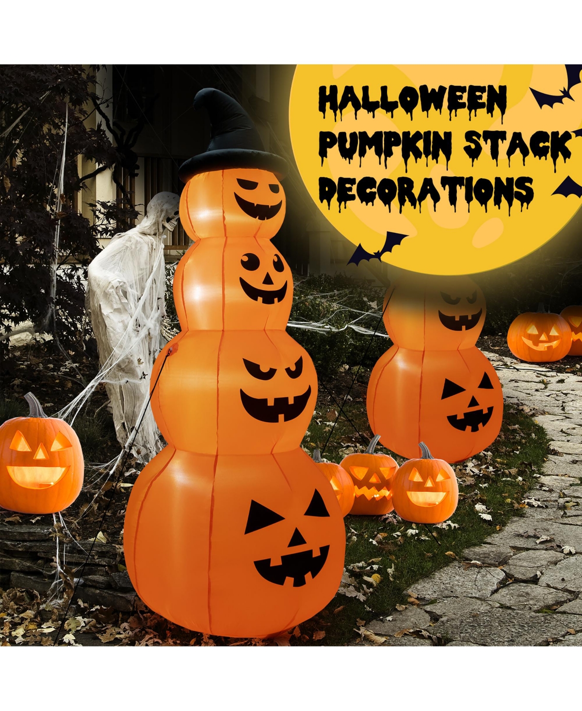 Costway 8FT Halloween Inflatable Stacked Pumpkins Blow-up Holiday Decoration w/ Led Lights