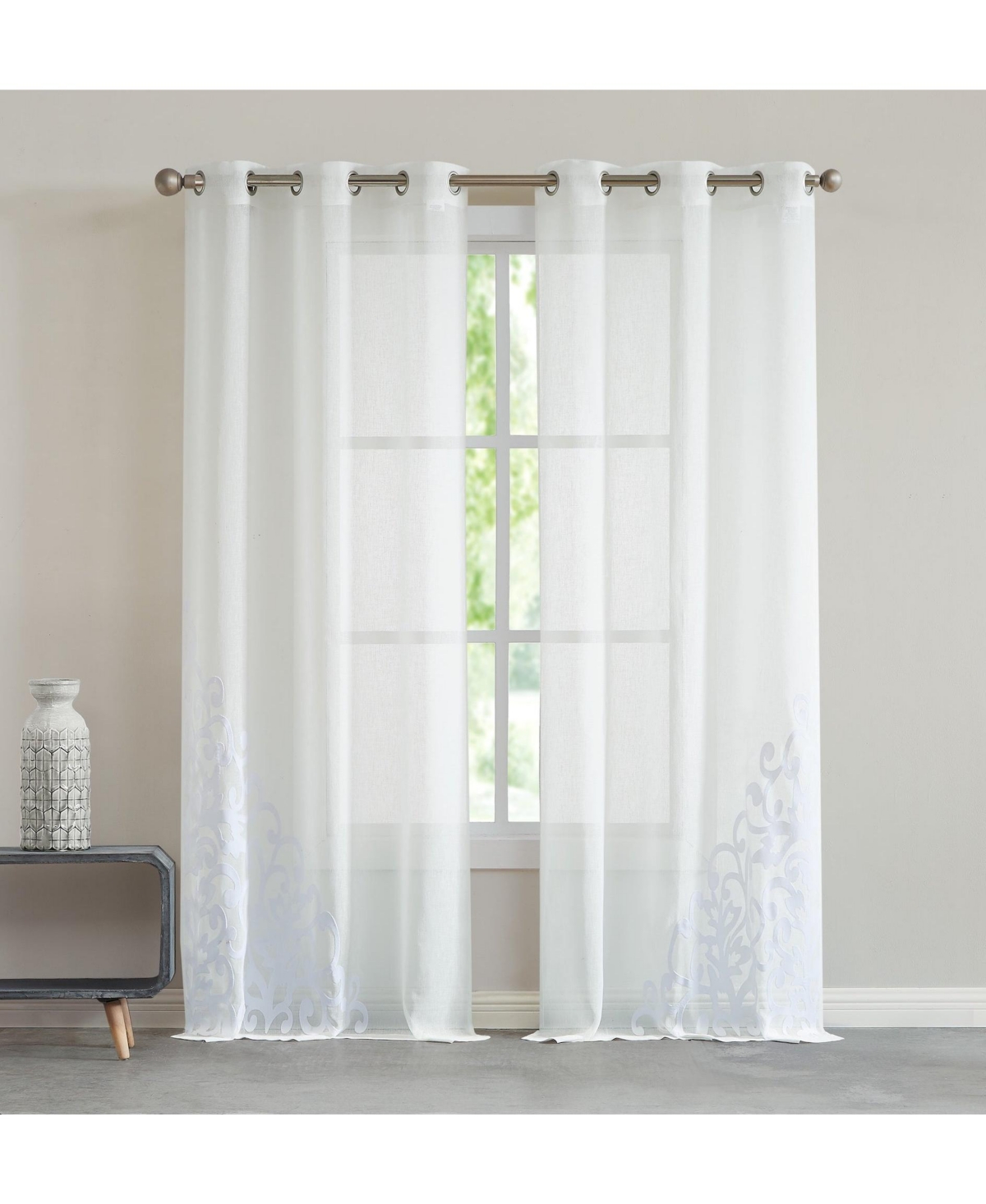 Natalie Linen Textured With 3D Velvet Scroll Design Light Filtering Window Panel Set, 76" W x 96" L - Silver