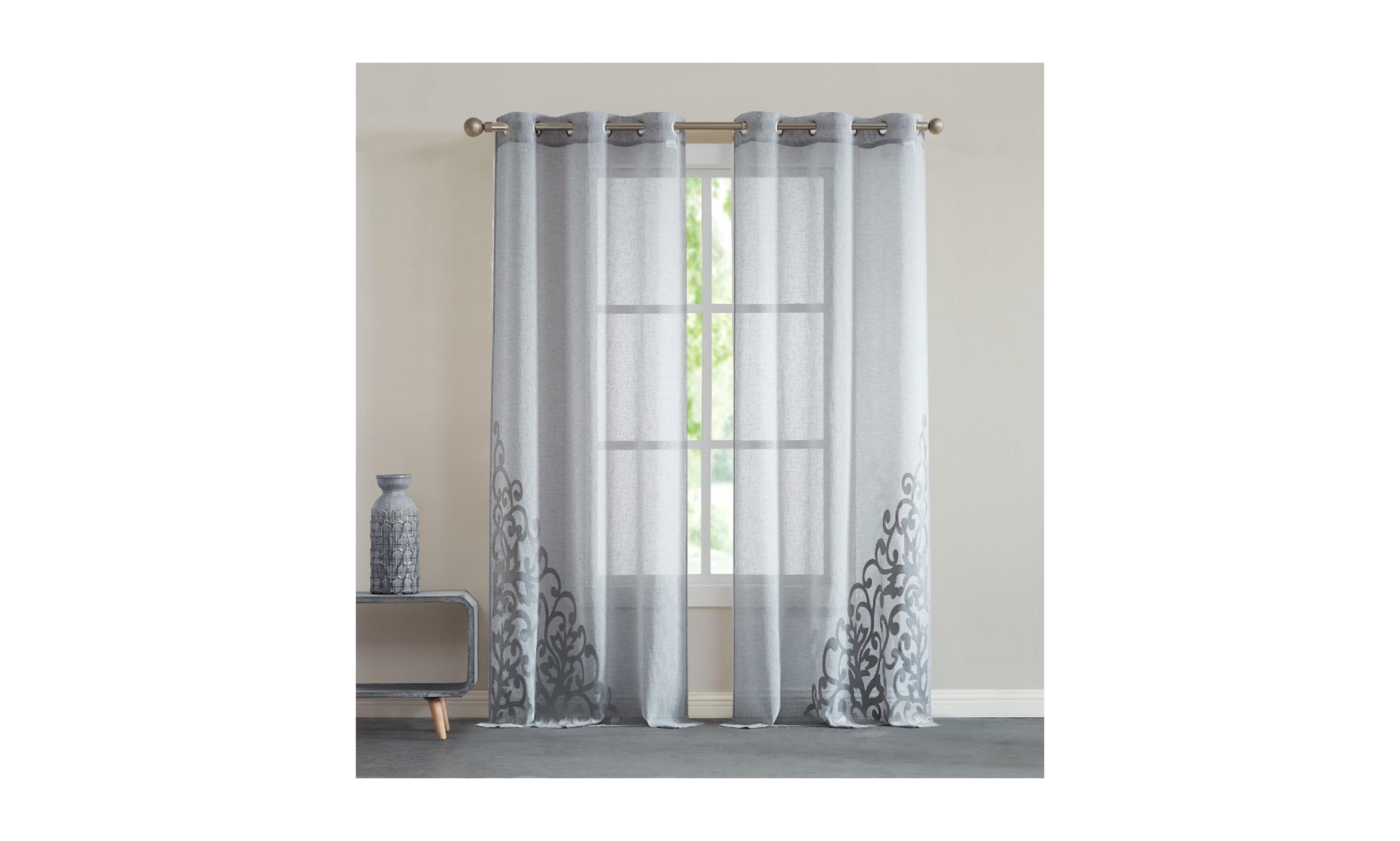 Natalie Linen Textured With 3D Velvet Scroll Design Light Filtering Window Panel Set, 76" W x 96" L