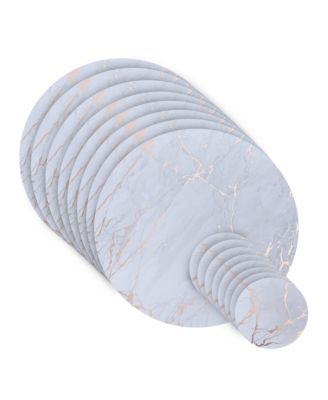 Marble Cork Table Set With 8 Foil Printed Marble Granite Designed Thick Cork Textured 15" x 15" Round Placemats and 8 Round Coasters 4" x 4