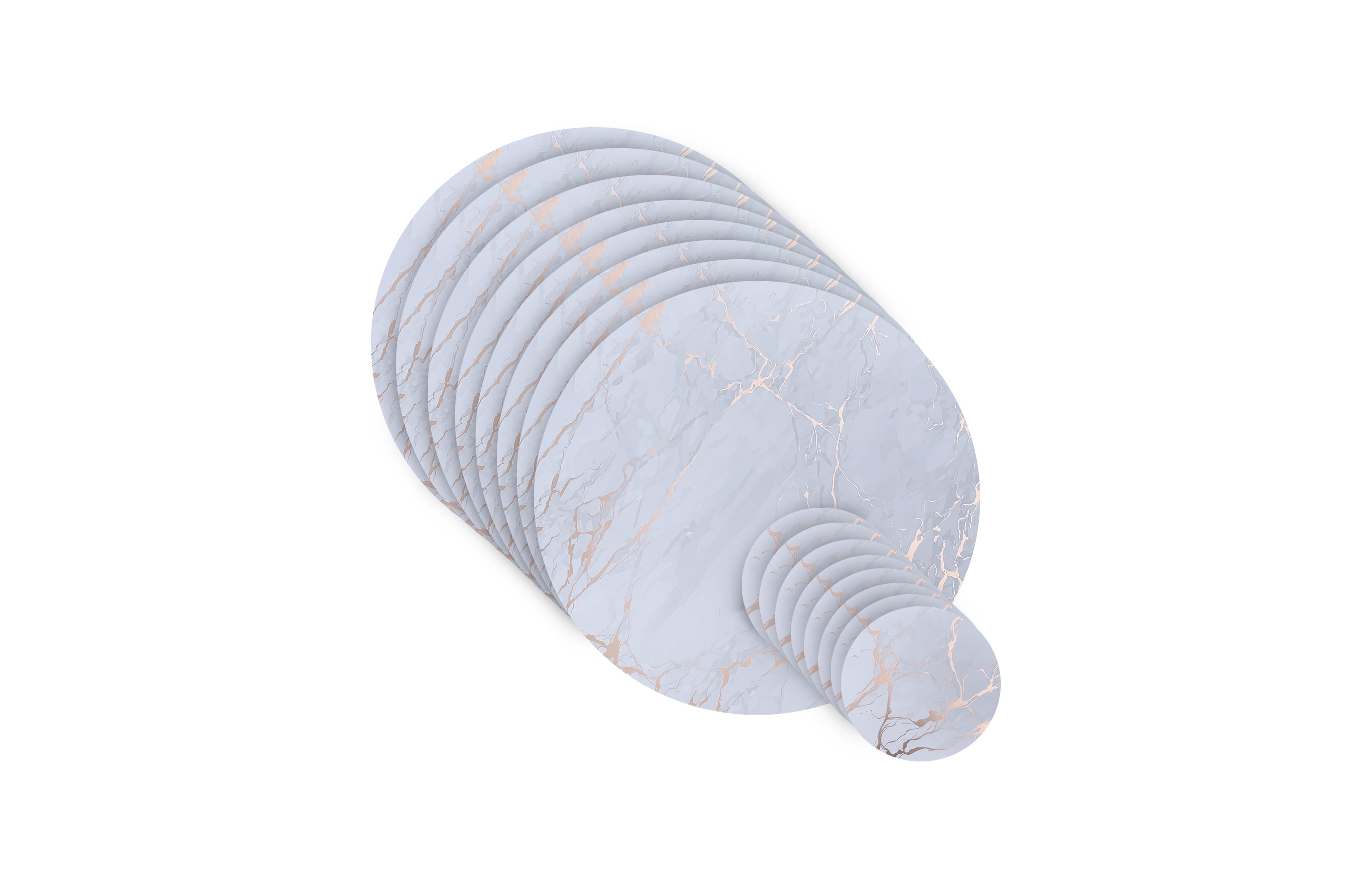 Dainty Home Marble Cork Table Set With 8 Foil Printed Marble Granite Designed Thick Cork Textured 15" x 15" Round Placemats and 8 Round Coasters 4" x