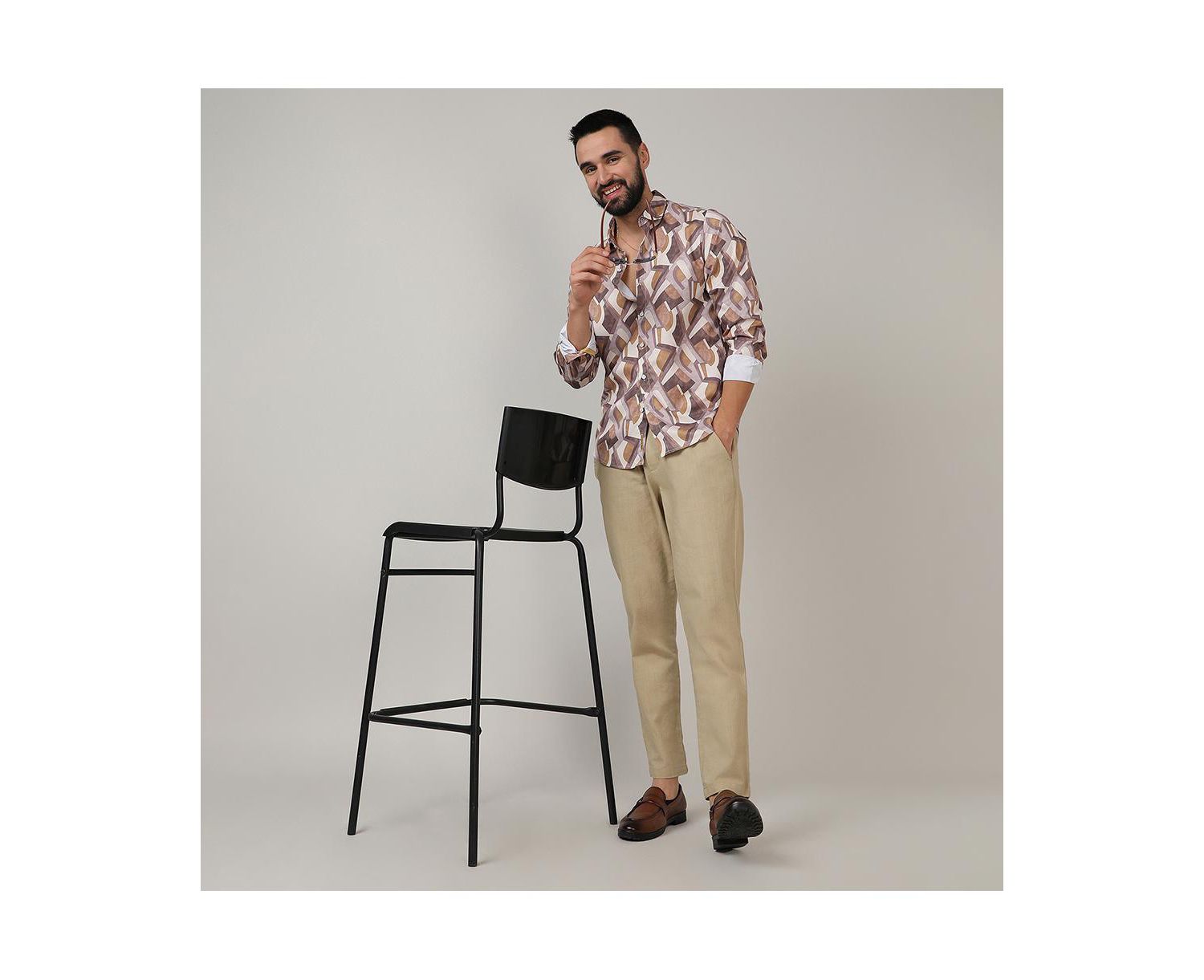 Men's Pale Yellow & Mocha Brown Abstract Block Shirt