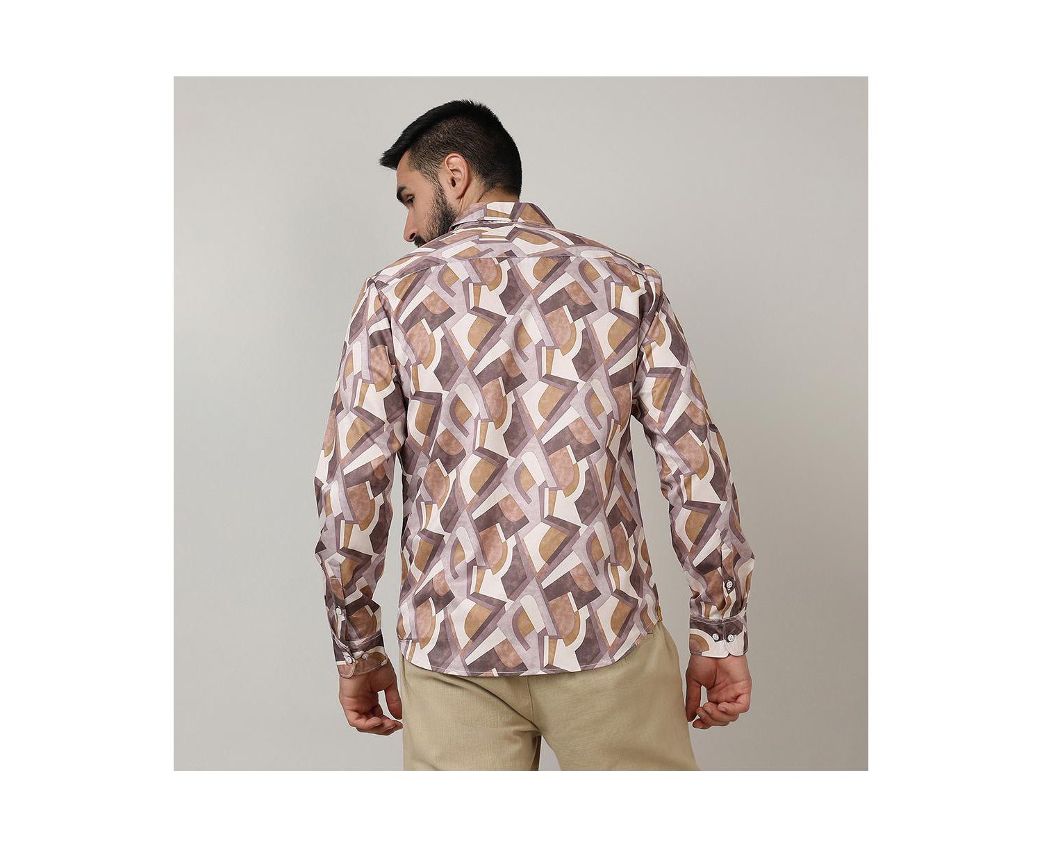 Men's Pale Yellow & Mocha Brown Abstract Block Shirt