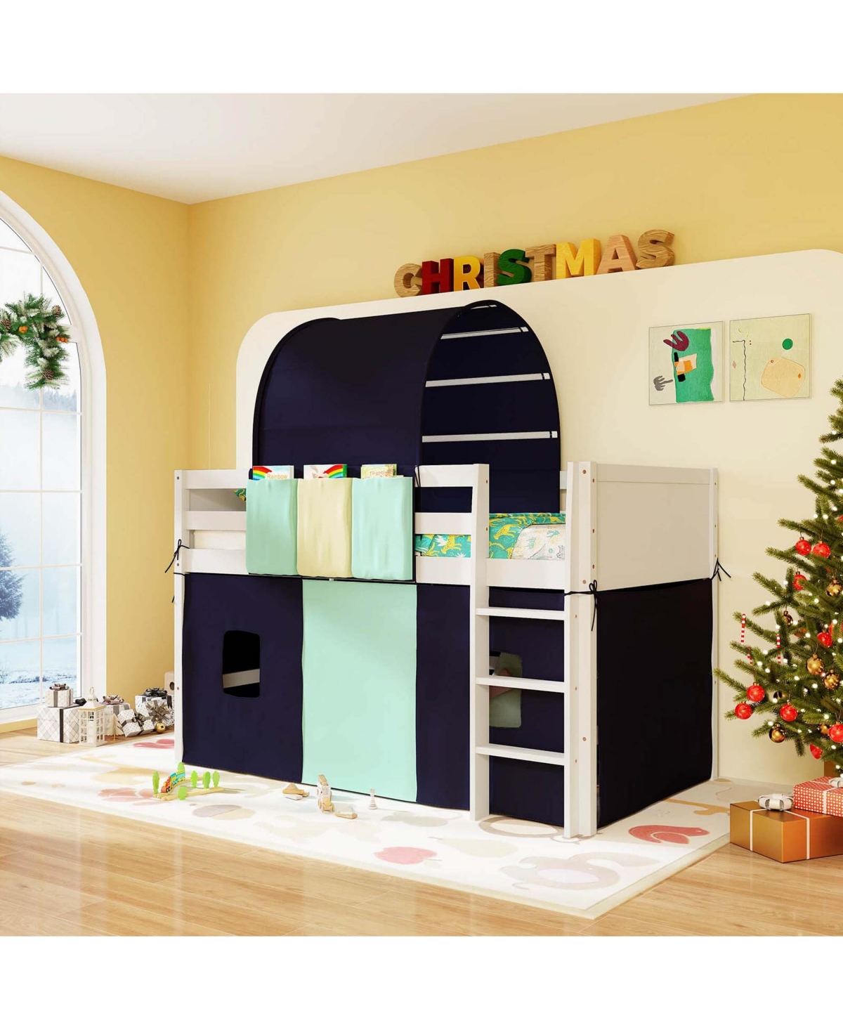 Twin Loft Bed with Tower & Tent 3 Storage Pockets Safety Guardrail and Ladder