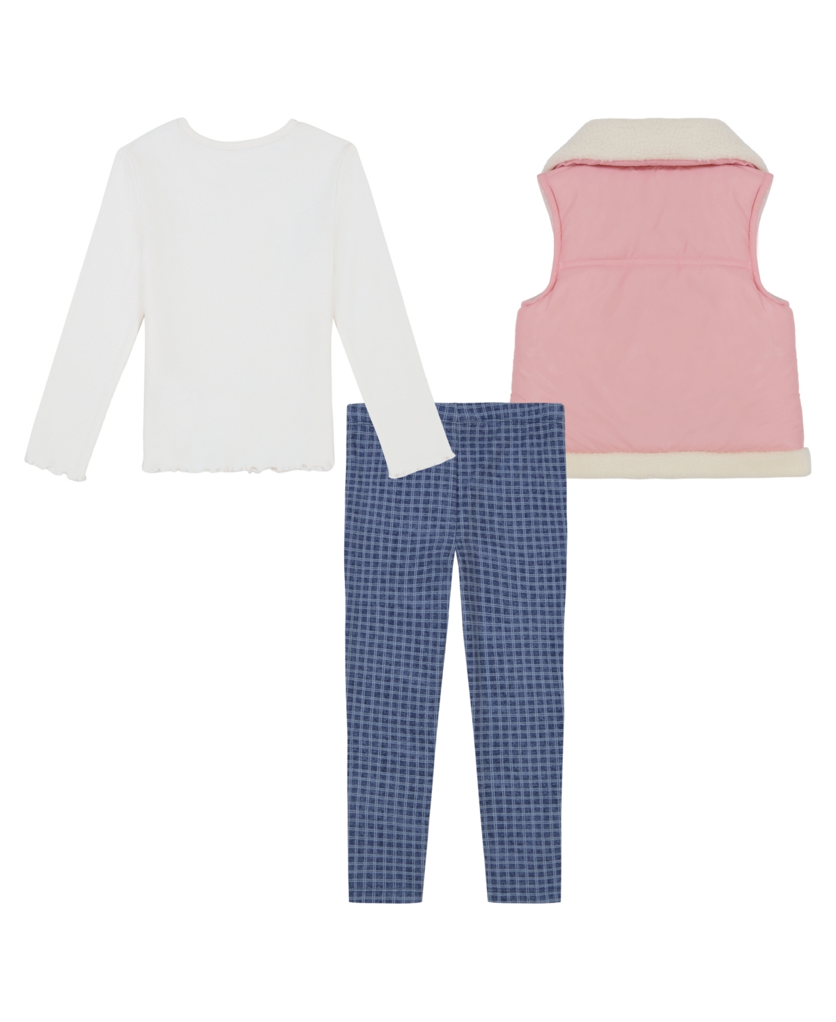 Tommy Hilfiger Toddler and Little Girls Long Sleeve Ribbed Logo Tee, Sherpa Vest and Leggings, 3 Piece Set -Egret/Medium Wash