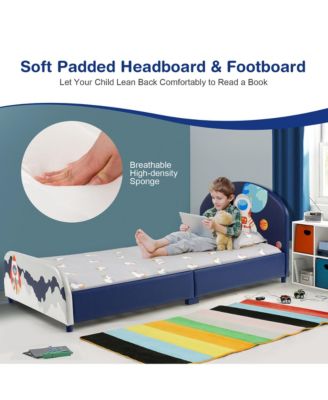 Kids Upholstered Platform Bed Children Twin Size Wooden Bed Astronaut Pattern