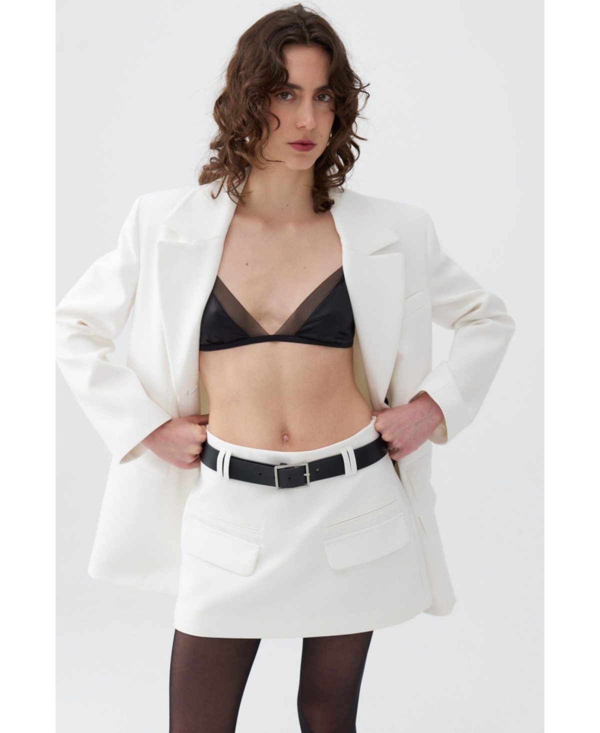 Women's Leather Belted Mini Skirt - Ivory