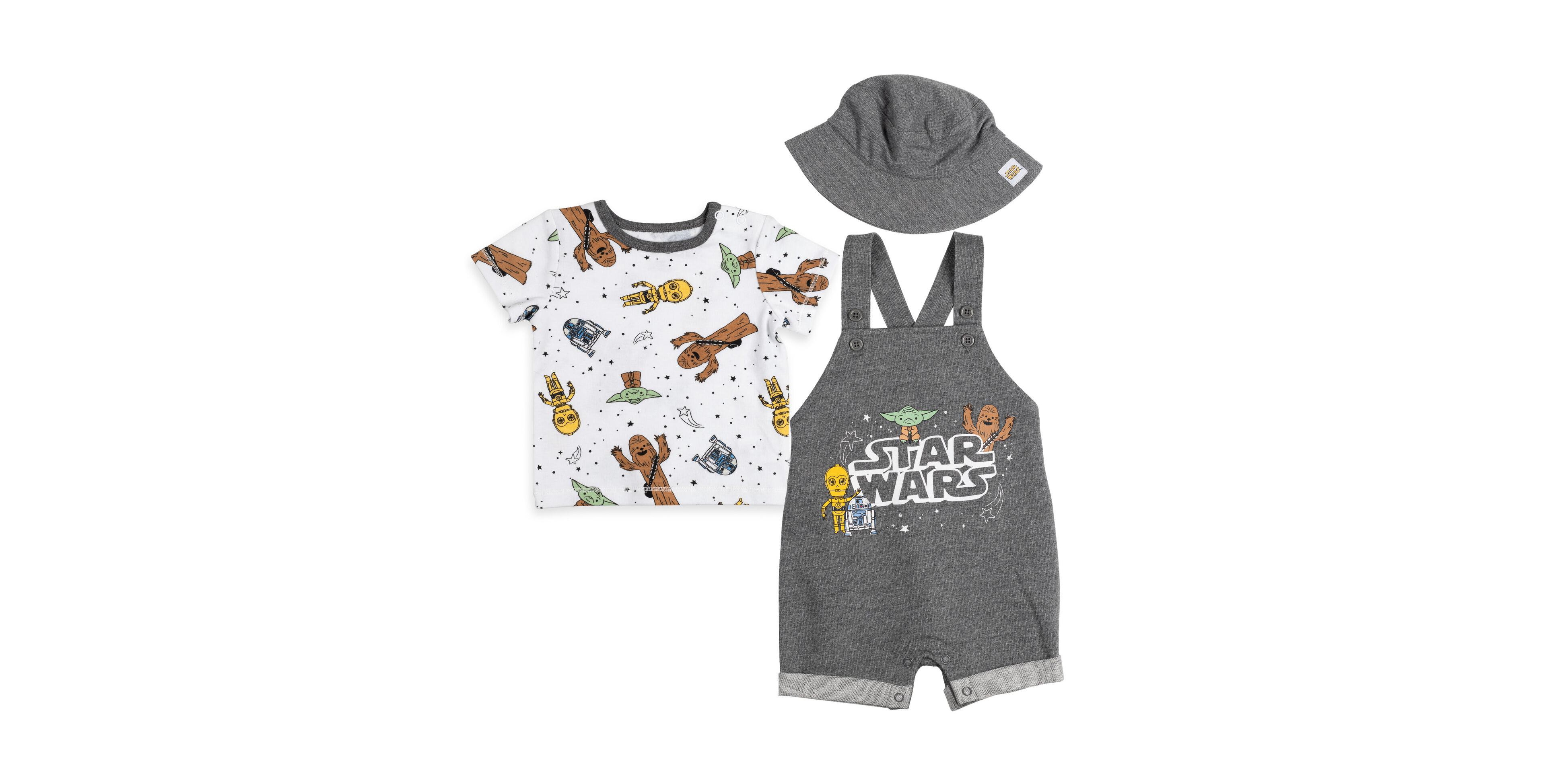 Starwars Baby Boys Star Wars Chewbacca R2-D2 Yoda French Terry Short Overalls T-Shirt and Hat 3 Piece Outfit Set Newborn to