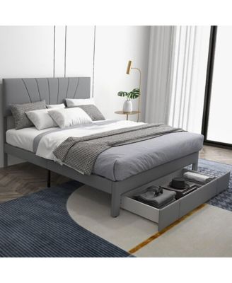 Queen Upholstered Bed Frame Platform Bed with Drawer & Adjustable Headboard Grey