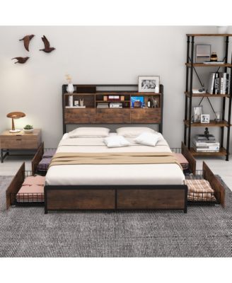 Queen Size Bed Frame w/ Bookcase Headboard & 4 Storage Drawers Vintage Brown