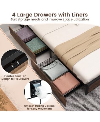 Queen Size Bed Frame w/ Bookcase Headboard & 4 Storage Drawers Vintage Brown