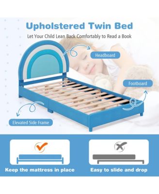Kids Twin Platform Bed Frame Upholstered Twin Size Bed w/ Wooden Slats Support Blue