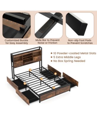 Full Size Bed Frame w/ Bookcase Headboard & 4 Storage Drawers Vintage Brown