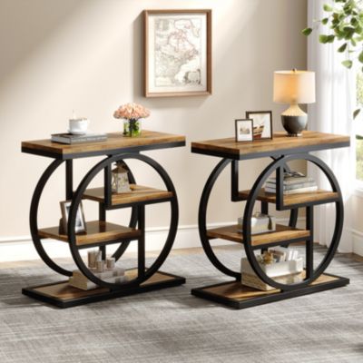 End Table Set of 2, 4-Tier Narrow Side Table with Storage Shelves, Wood Small Sofa Side Table, Industrial Bedside Table, Rustic Brown