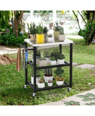 3-Tier Foldable Outdoor Stainless Steel Food Prepare Dining Cart Table on Wheels