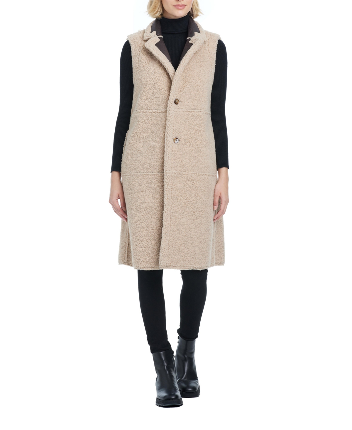 Sanctuary Women's Single-Breasted Long Faux Leather + Faux Sherpa Bonded Vest