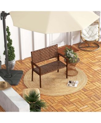 Patio Loveseat All Weather Bench with Solid Rubber Wood Frame&Hand Woven PU Leather