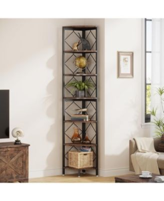 7-Tier Extra Tall Corner Shelf – 78.7" Industrial Slim Bookcase for Small Spaces, Wood Storage Rack for Living Room or Home Office