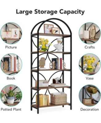 5-Tier Bookshelf, 75 Inch Tall Arched Bookcase Shelf Storage Organizer, Industrial Book Rack With Metal Frame, Open Standing Display Rack