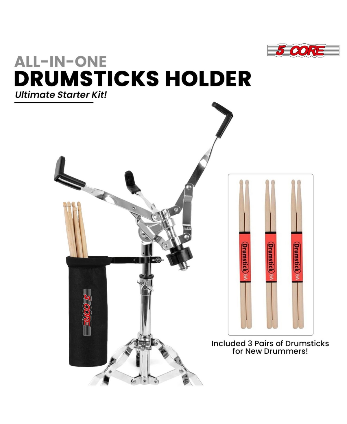 5 Core Drum Practice Pad Set Adjustable Snare Drumming Stand Double Sided Silent Drummer Kit -- Black