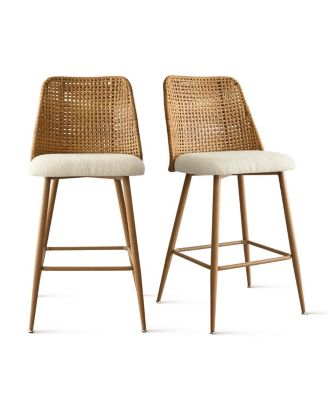 Set of 2 Modern 27-Inch Counter Stools with Boucle Upholstery and Faux Rattan Design