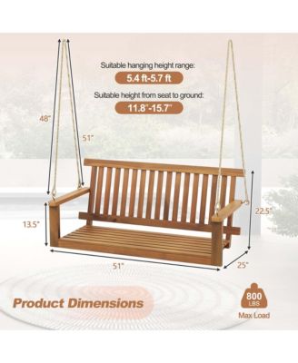 2-Seat Porch Swing Bench Acacia Wood Chair with 2 Hanging Hemp Ropes for Backyard