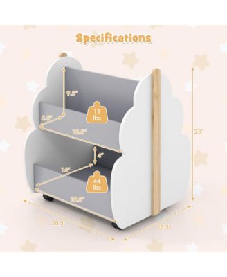 Kids Wooden Bookshelf with Wheels 2-Tier Toy Storage Shelf Double-sided Bookcase