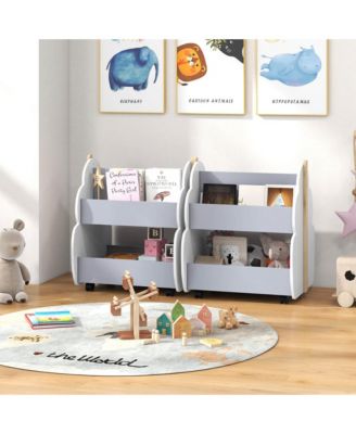 Kids Wooden Bookshelf with Wheels 2-Tier Toy Storage Shelf Double-sided Bookcase