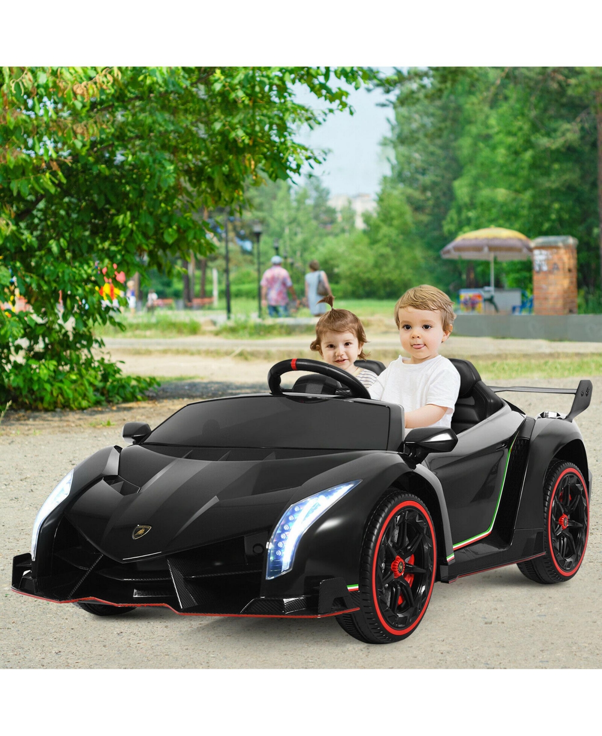 Gymax 12V 2-Seater Licensed Lamborghini Kids Ride On Car w/ Rc & Swing Function Green - Black+red