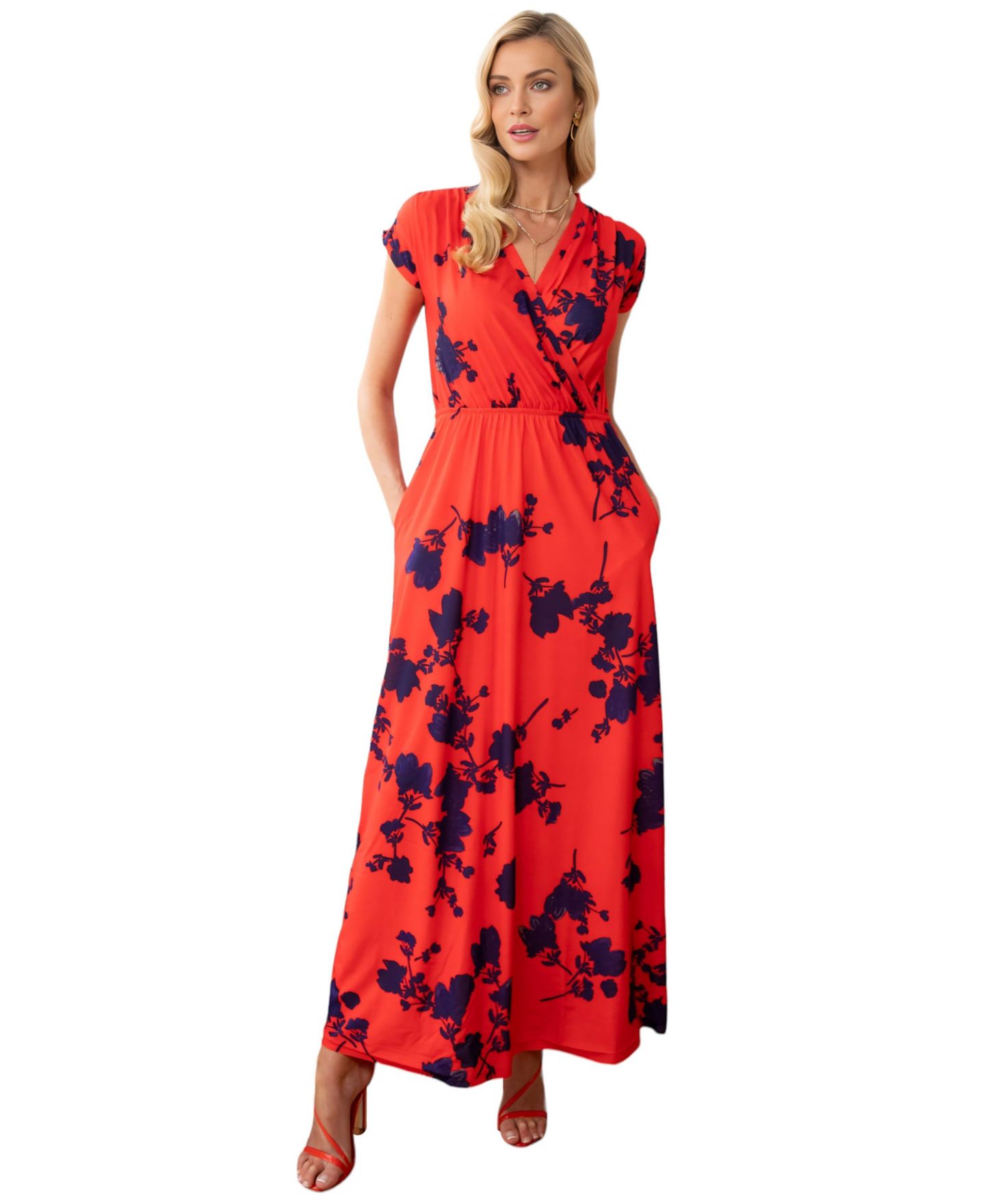 Женское платье Hotsquash London Faux-Wrap Jersey Maxi, цвет: Красный / Синий — фото 1