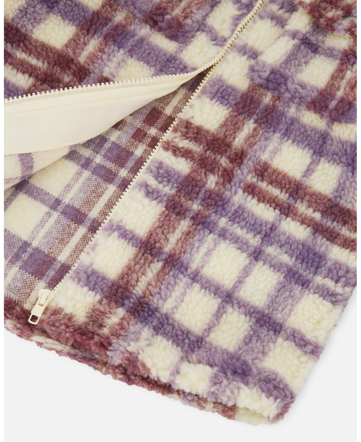 Deux par Deux Big Girls Zip Front Sherpa Overshirt Plaid Purple And White - Plaid purple and white