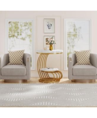 Round End Table: 2 Tiers Faux Marble Side Table with Storage Shelf, Bedside Nightstand, Metal Arc-Shaped Frame Accent Table