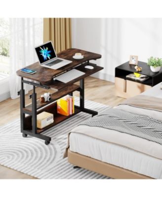 Portable Desk with Power Outlets, Height Adjustable Side Table Sofa Couch Bedside Laptop Computer Cart with USB Charging Ports, Mobile Small Standing Desk with Keyboard Tray