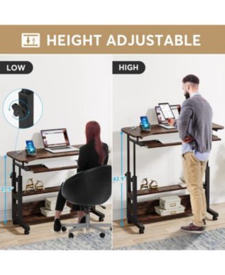 Portable Desk with Power Outlets, Height Adjustable Side Table Sofa Couch Bedside Laptop Computer Cart with USB Charging Ports, Mobile Small Standing Desk with Keyboard Tray