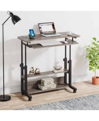 Portable Desk with Power Outlets, Height Adjustable Side Table Sofa Couch Bedside Laptop Computer Cart with USB Charging Ports, Mobile Small Standing Desk with Keyboard Tray