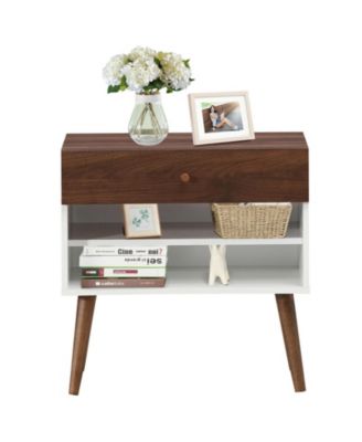 Mid-Century Nightstand with Drawer and Rubber Wood Legs