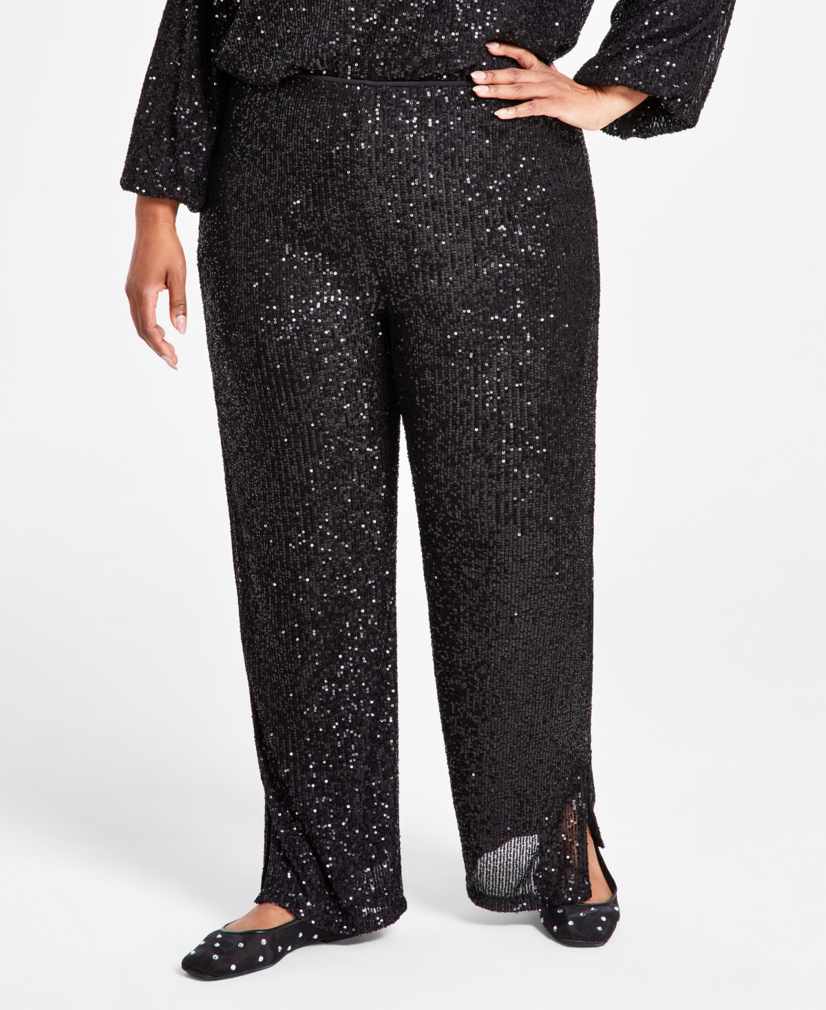 Jm Collection Plus Size Sequin Wide-Leg Split-Hem Pants, Created for Macy's