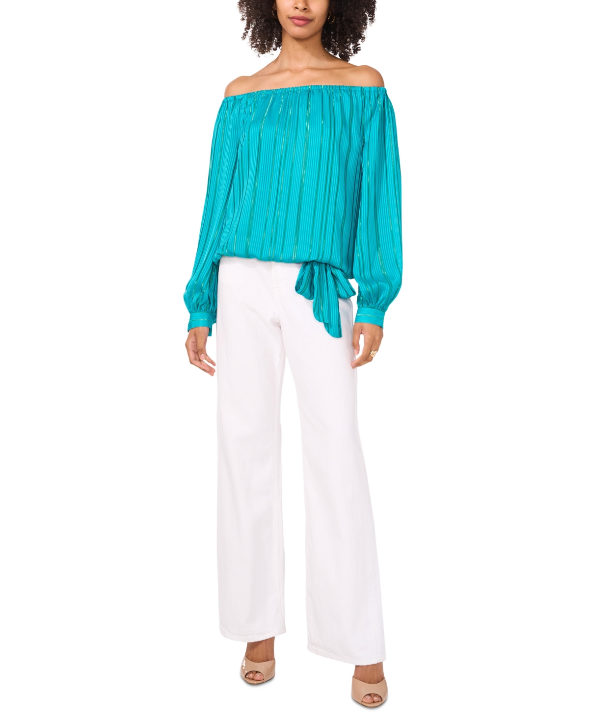 Shop Vince Camuto Women's Metallic-striped Off-the-shoulder Long-sleeve Tie-front Blouse In Cool Lapis
