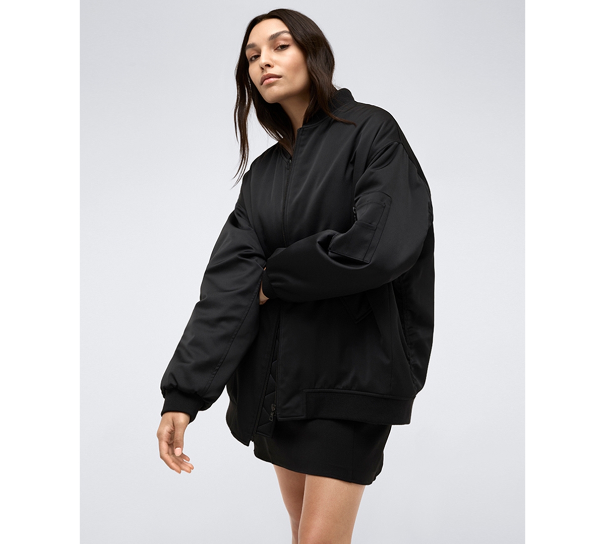 Shop Kenneth Cole Women's Satin Back Crepe Boyfriend Bomber Jacket In Black