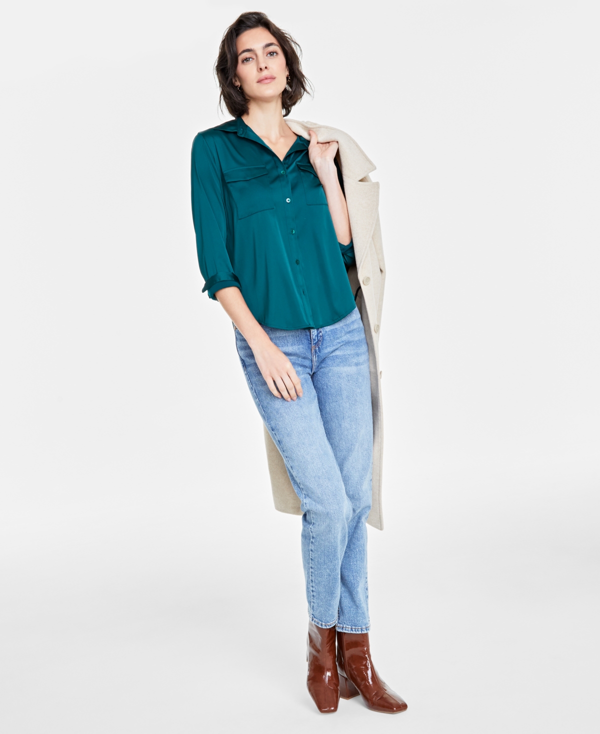 Shop On 34th Women's Button-front Long-sleeve Satin Utility Shirt, Created For Macy's In Dark Forest