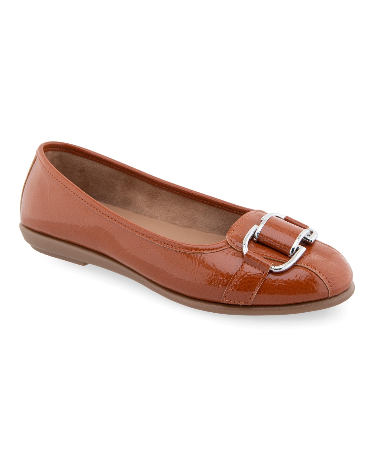 Women's Bentley Buckle Flats - Tan Patent Crinkled Faux Leather - Polyu